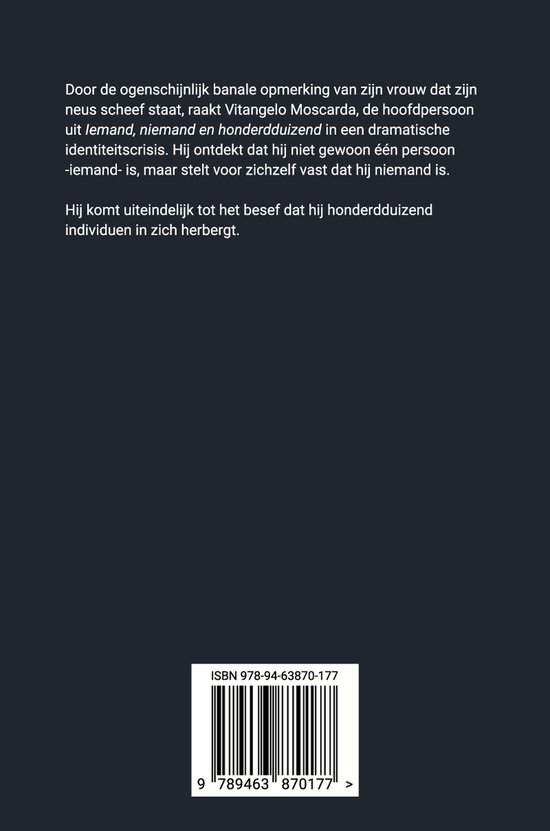 Boekrug van "Iemand, niemand en honderdduizend" met ISBN-barcode.