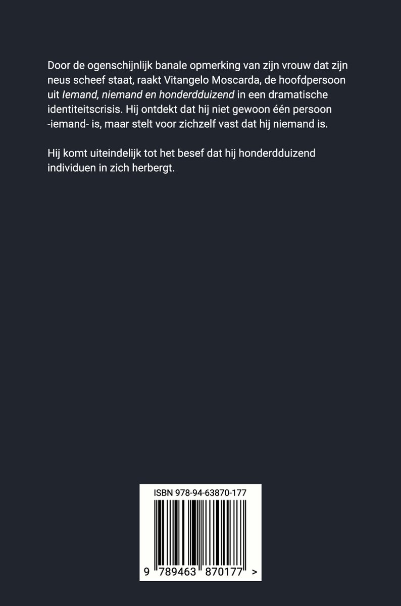 Boekrug van "Iemand, niemand en honderdduizend" met ISBN-barcode.