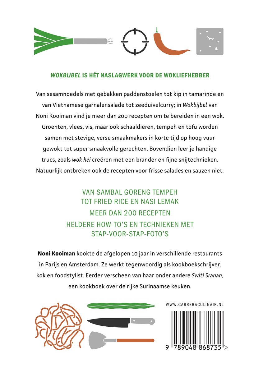 De achterkant van het 'Wokbijbel' kookboek met tekst over de inhoud en een afbeelding van Noni Kooiman.