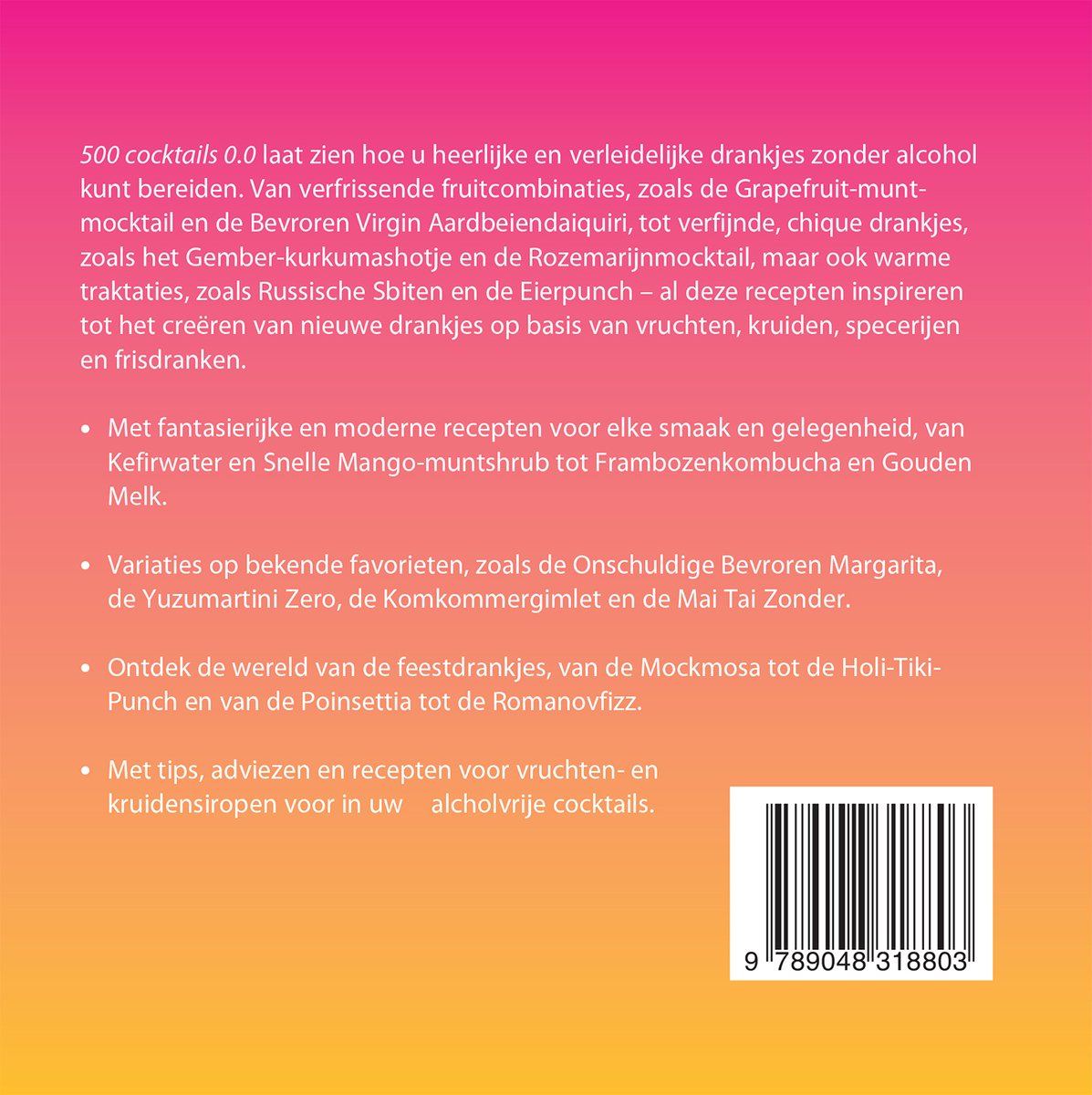 Boekcover: tekst over 500 alcoholvrije cocktails recepten en een barcode.