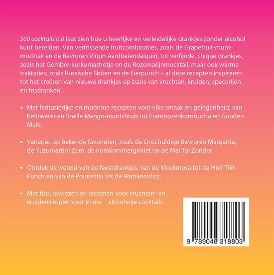 Boekcover: tekst over 500 alcoholvrije cocktails recepten en een barcode.
