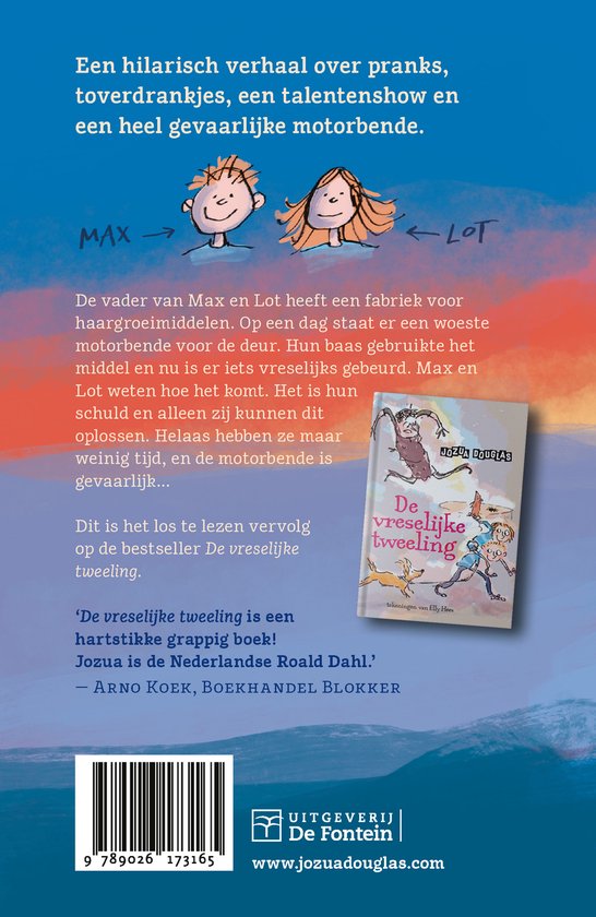 Achterkant boek: Tekst over 'De vreselijke tweeling en de woeste motorbende' met afbeelding van een boek en kinderen.