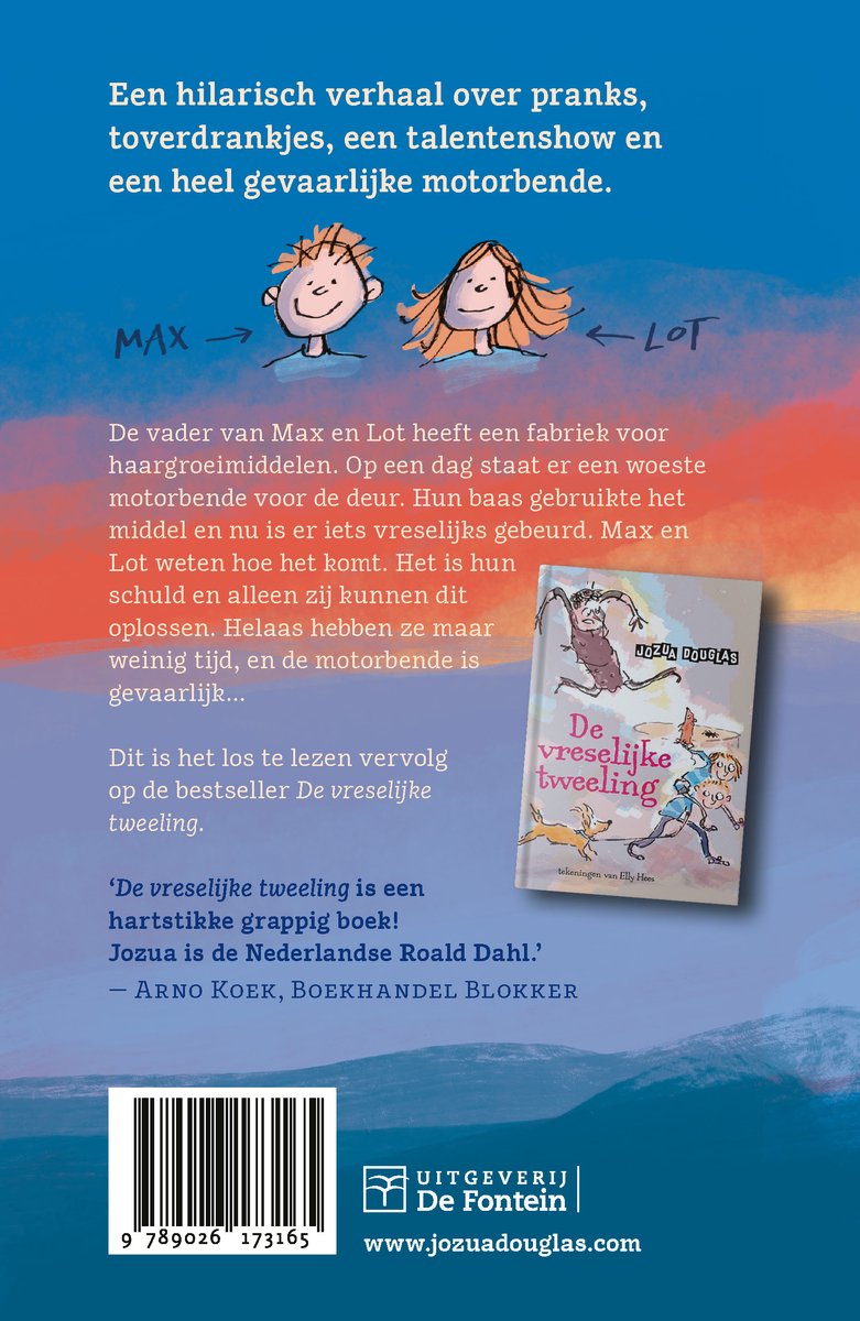 Achterkant boek: Tekst over 'De vreselijke tweeling en de woeste motorbende' met afbeelding van een boek en kinderen.
