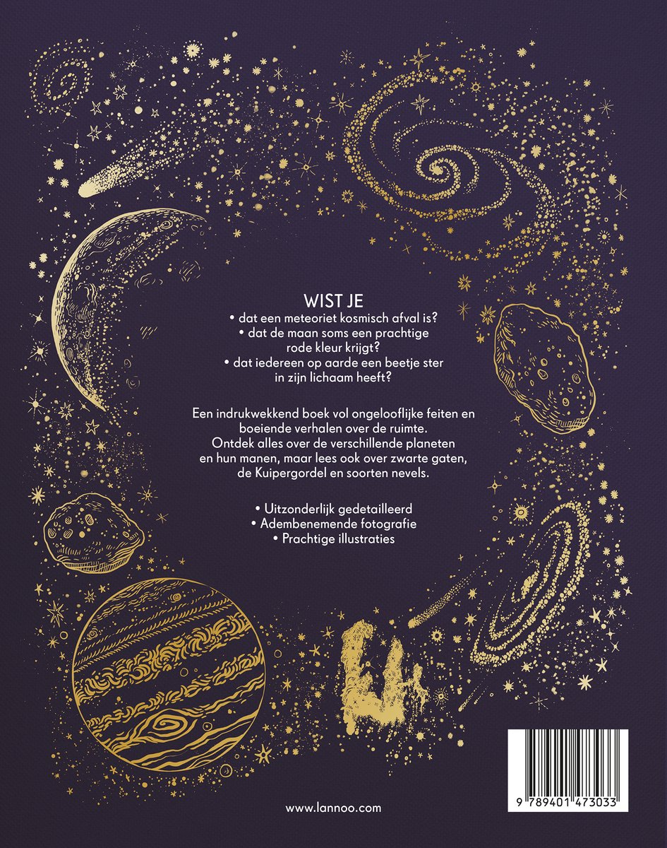 Cover van het boek 'Wist je', met gouden illustraties van planeten, sterrenstelsels, kometen en asteroïden op een donkerblauwe achtergrond.