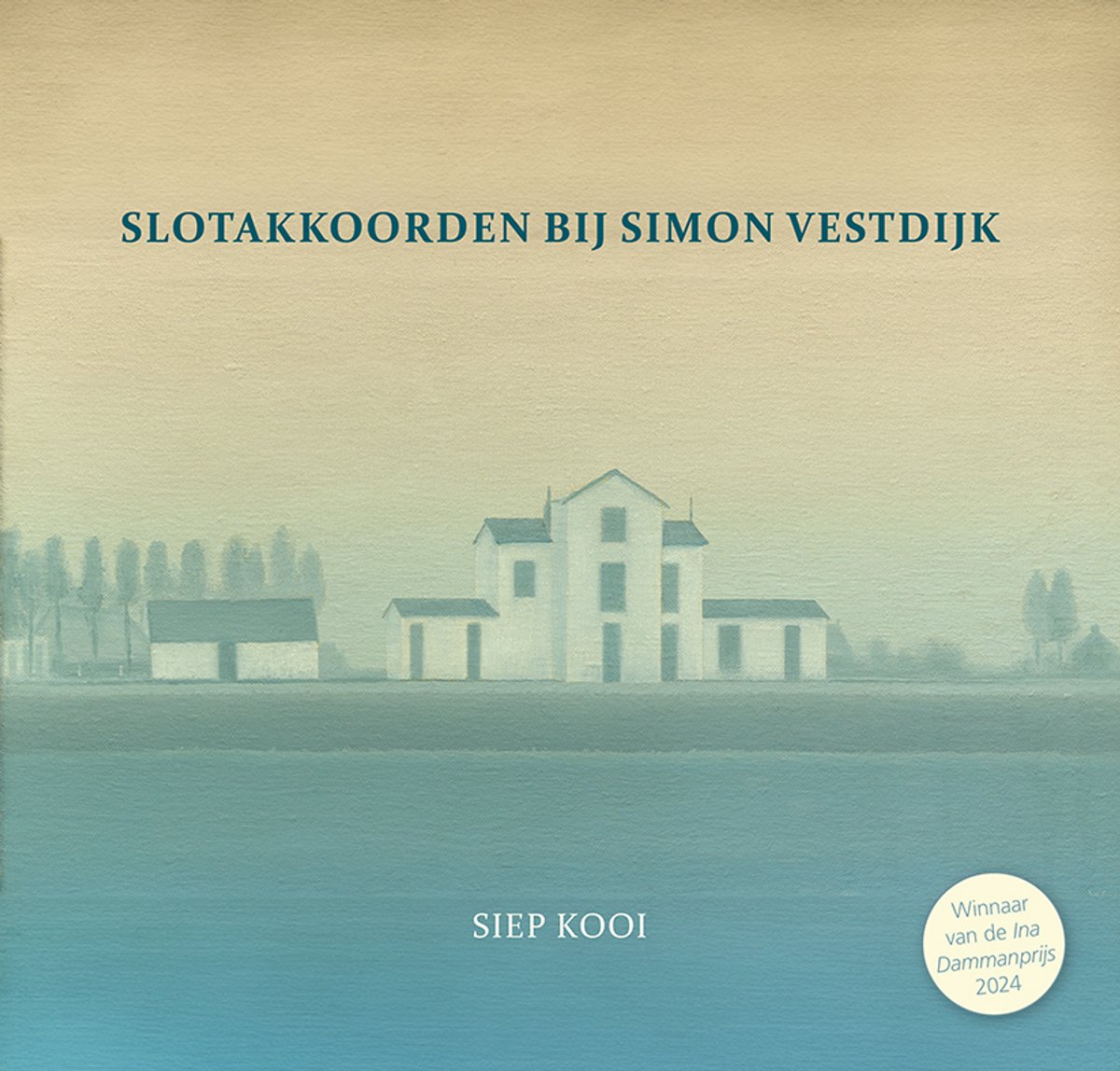 Boekcover met de titel 'Slotakkoorden bij Simon Vestdijk' en een schilderij van een boerderij op een wazige achtergrond.