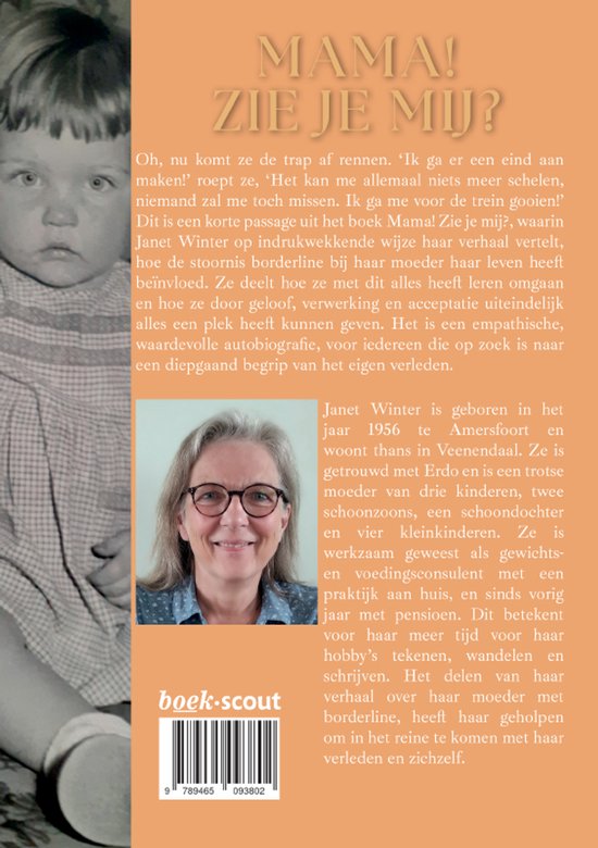Couverture de livre avec deux photos : un bébé et une femme souriante avec des lunettes et une chemise bleue et blanche à fleurs.