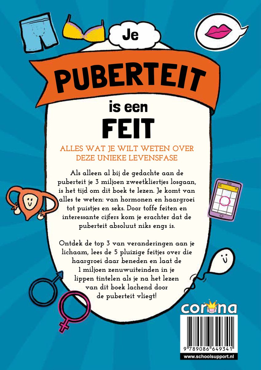 Boekomslag 'Je puberteit is een feit'. Bevat diverse illustraties, waaronder ondergoed, een beha, lippen en een bril. De tekst 'PUBERTEIT is een FEIT' staat centraal.