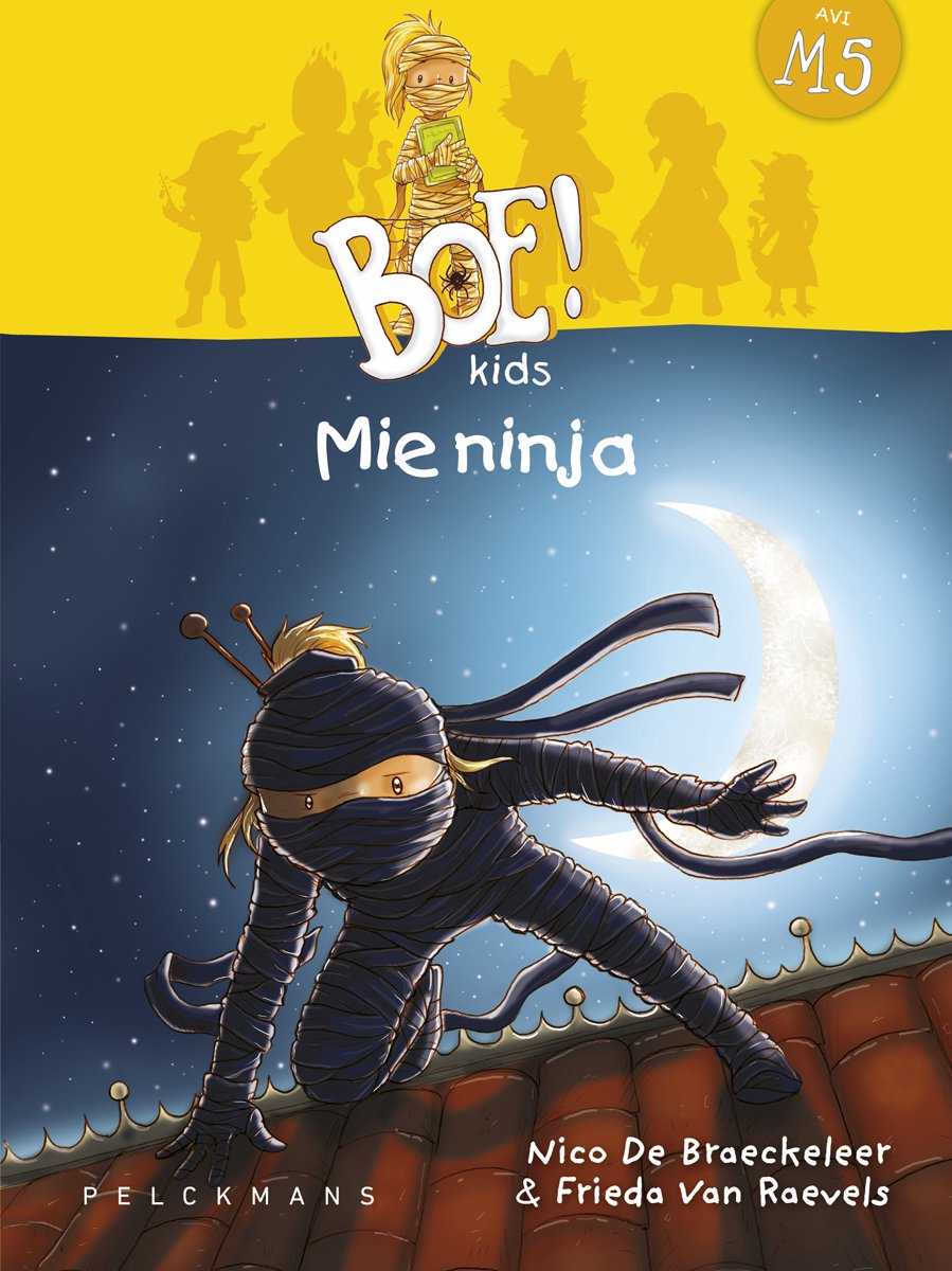 Boek kaft "Mie ninja" met een ninja op een dak onder de maan. BOE! kids AVI M5.