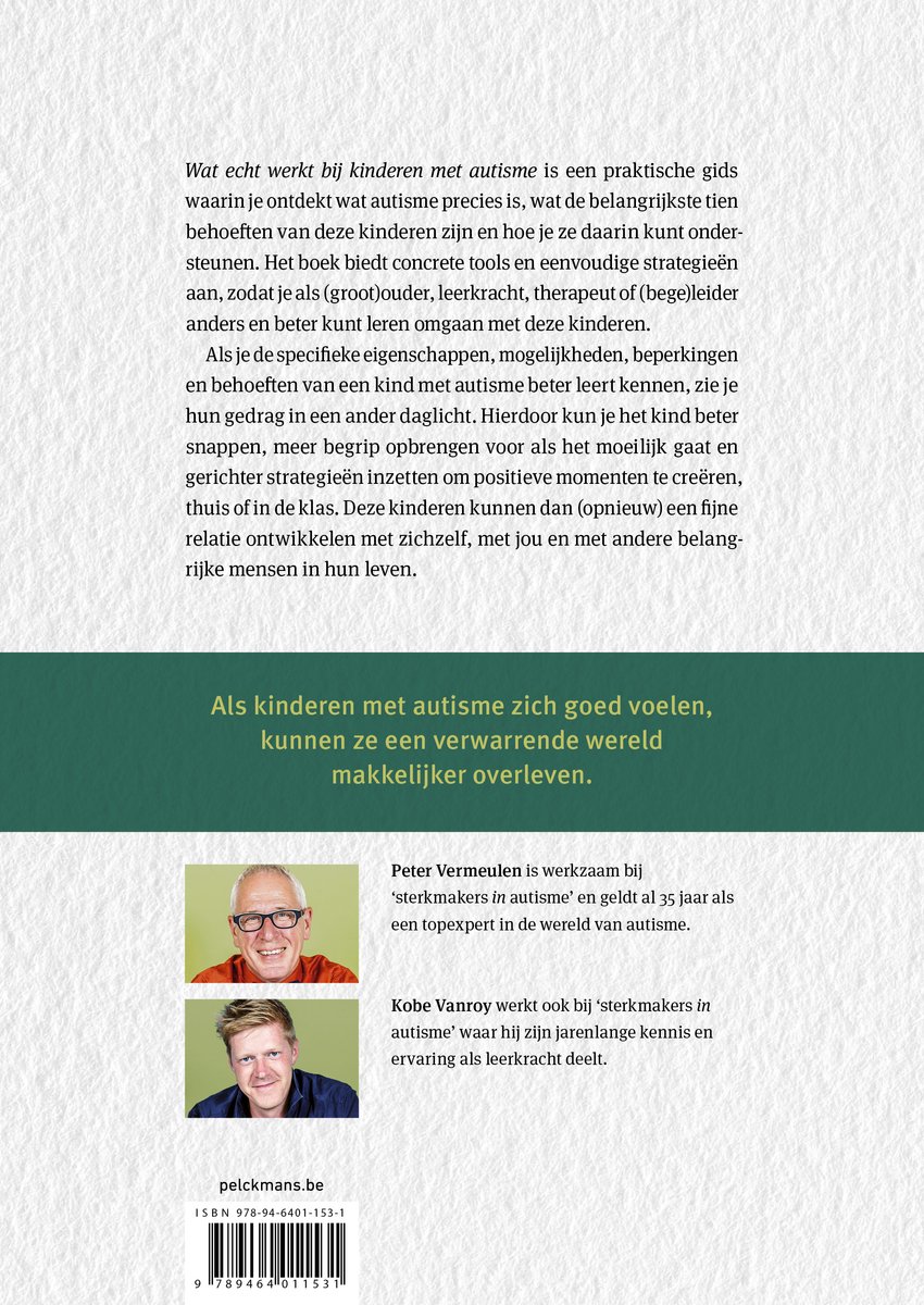 Achterkant boek met tekst. Twee portretten van mannen, auteurs Peter Vermeulen en Kobe Vanroy.