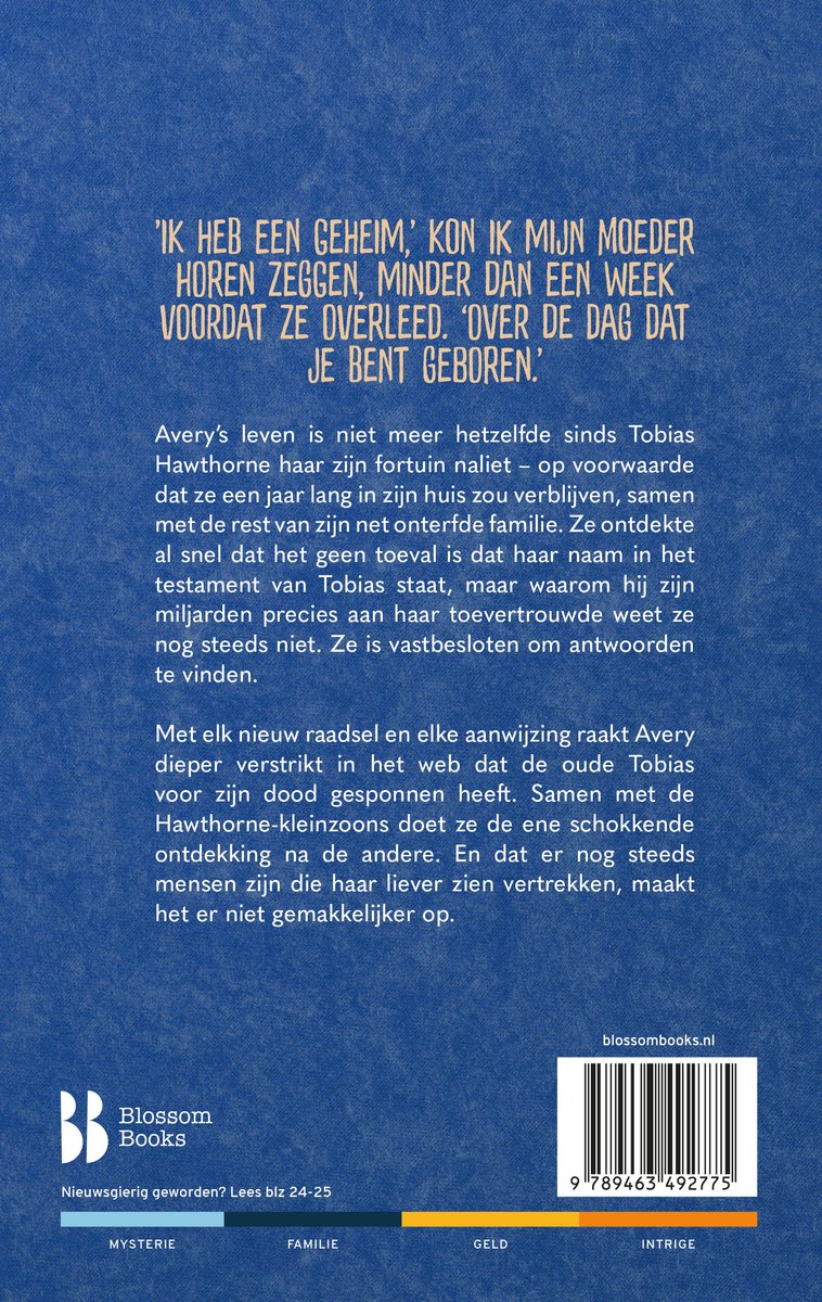 Boek kaft met tekst "Ik heb een geheim, kon ik mijn moeder horen zeggen, minder dan een week voordat ze overleed. Over de dag dat je bent geboren."