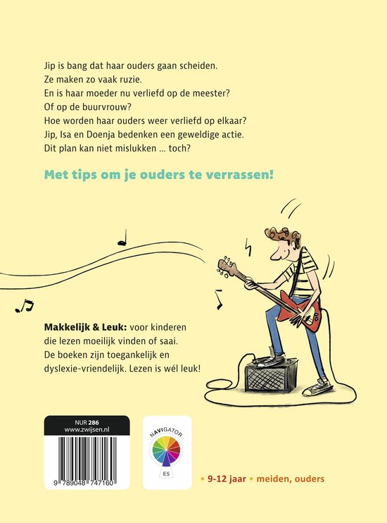 Boekomslag met een jongen die gitaar speelt en tekst over het boek.