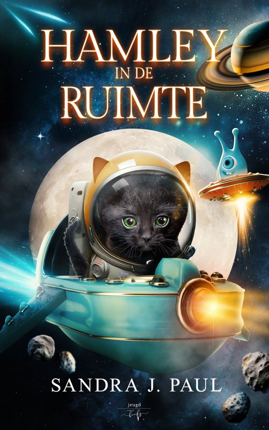 Zwart katje met groene ogen in astronautenpak, in een ruimteschip met de titel 'Hamley in de Ruimte'.