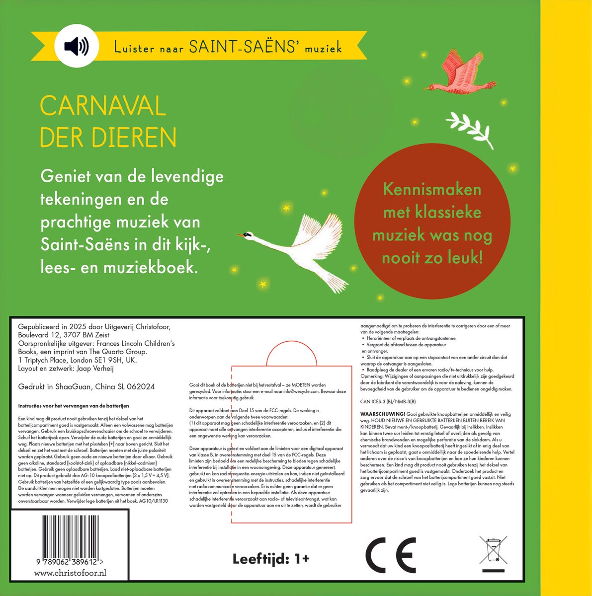 Achterkant boek: Illustraties van een zwaan en een roze vogel, met tekst over het boek en de muziek. Barcode en CE-markering.