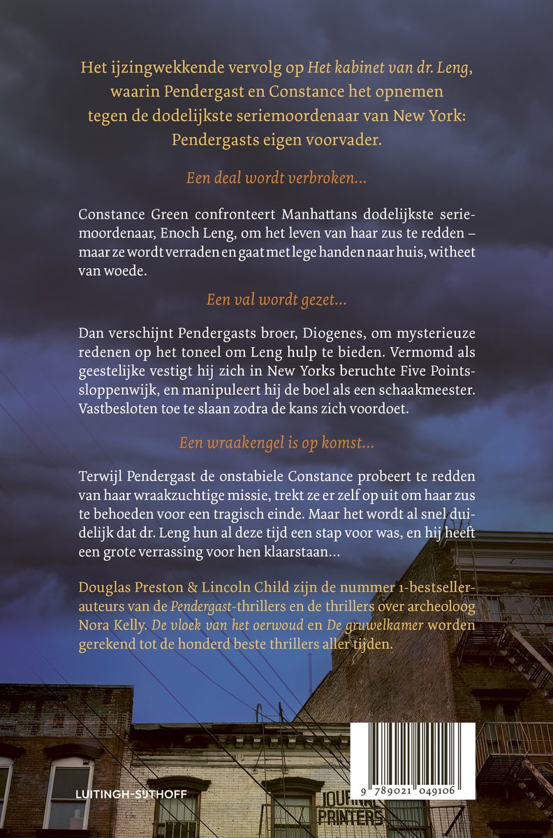 Dos du livre 'De wraakengel', avec texte et une image de bâtiments avec des escaliers de secours.