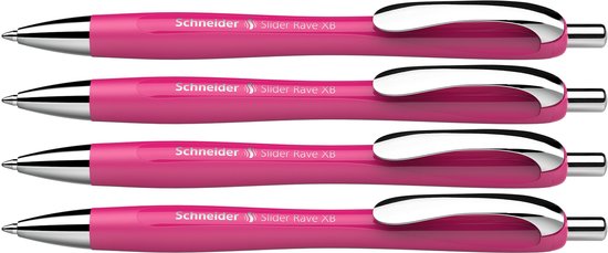 Vier roze Schneider Slider Rave pennen met zilverkleurige clips naast elkaar.