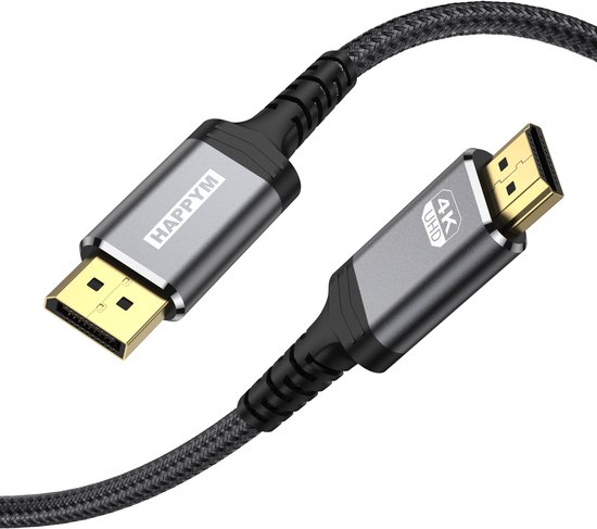 Displayport naar HDMI kabel met gouden connectoren, 4K UHD logo op connector. Gevlochten zwarte kabel.