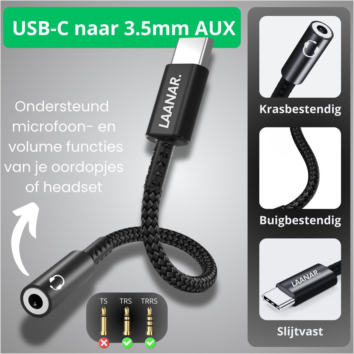 USB C naar 3.5mm AUX Adapter – Audio Kabel voor Koptelefoon, Oortjes, Microfoon – Compatibel met Samsung, iPhone, iPad, MacBook - Afbeelding 3