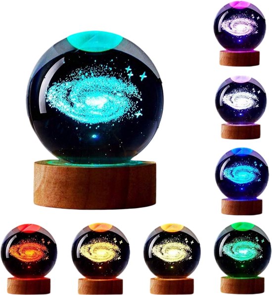 Veilleuse LED USB Boule Cristal Galaxy, Lampe 3D Lune Planète, Déco Chambre