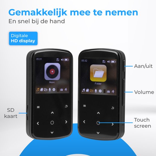 Twee zwarte MP3-spelers met aanraakscherm, waarvan één met muziekweergave en de ander met mapweergave.