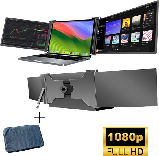 HoriVue Portable Monitor Max 15.6 Inch - Full HD 60Hz - Draagbare Monitor - Laptop Scherm Uitbreider - Inclusief Beschermhoes en Kabels - Tri Screen - Zwart