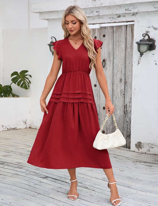 Damesjurk Lange zomerjurk Casual swingjurk Korte mouw Maxi-jurk Ruches Vrijetijdsjurk Wijnrood M