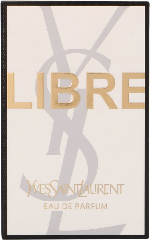 Doos YSL Libre Eau de Parfum damesparfum met gouden YSL-logo en tekst 'LIBRE'.