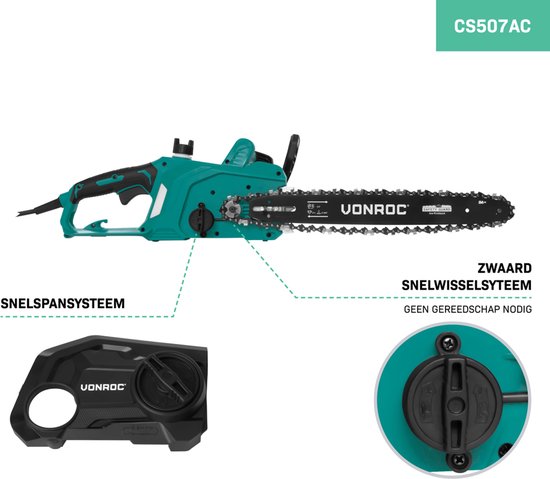 VONROC Elektrische Kettingzaag 2000W - Zwaardlengte: 40 cm - Kettingsnelheid: 15 m/s - Zelfsmerende ketting van VONROC — afbeelding 3