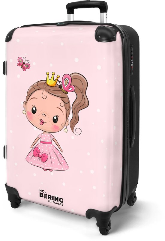 Valise rose à pois avec dessin de princesse, côté noir et serrure à combinaison.
