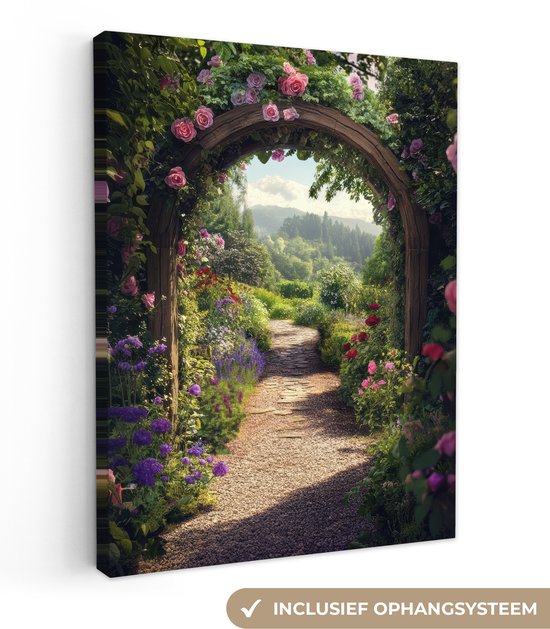 Canvas schilderij 60x80 cm - Exclusieve wanddecoratie Doorkijk - Landschap - Bloemen - Rozenboog - Natuur - Muurdecoratie woonkamer - Slaapkamer decoratie - Kamer accessoires - Schilderijen op canvas
