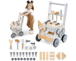 Mamabrum Houten Kinder Loopwagen en Werkbank 3-in-1 vanaf 1 Jaar - Baby Walker met Gereedschap en Activiteiten - Leren Lopen