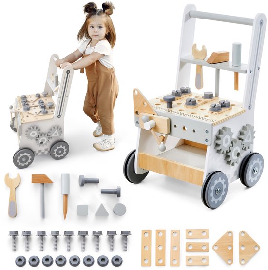 Grijze en witte loopwagen met gereedschap en montageonderdelen.