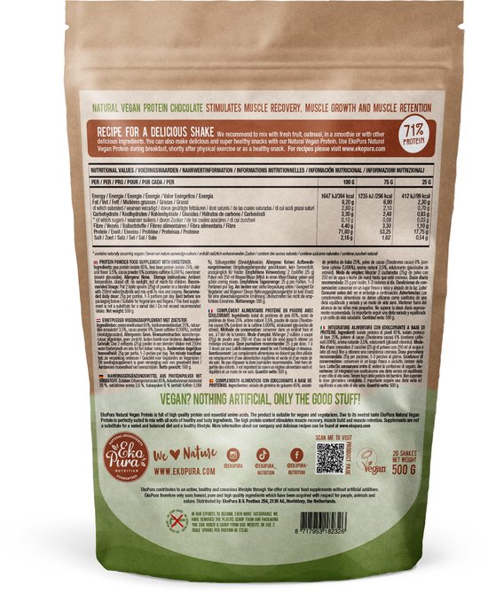 Ekopura Natural Vegan Protein - Chocolate (plantaardig eiwitpoeder) 500g- NL-BIO-01 — afbeelding 3