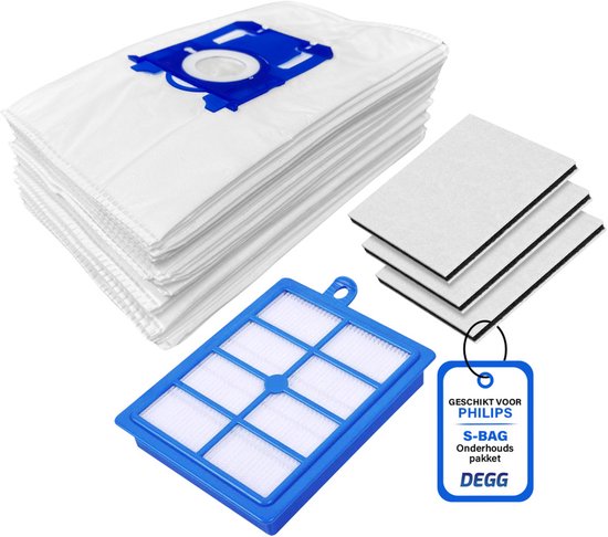 DEGG - Pack d'entretien XL - Convient pour Philips S-BAG - comprenant 1x filtre hepa H13 - 3x Filtre moteur - 10x sacs d'aspirateur S-BAG - Combideal
