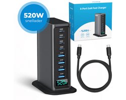 520W 8-poorts USB-oplaadtoren – Laadstation – Snellader 100W – Oplader – 4x USB-C PD Fast Charge 100W – 4x USB-A Quick Charge 30W – GaN Technologie – Inclusief USB-C 100W oplaadkabel – Zwart