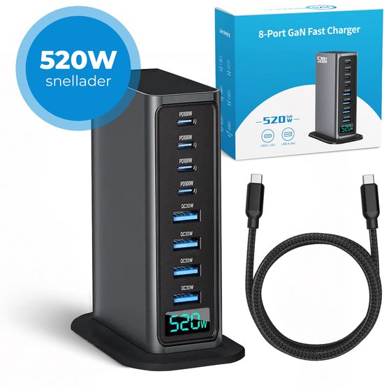 520W 8-poorts USB-oplaadtoren - Laadstation - Snellader 100W - Oplader - 4x USB-C PD Fast Charge 100W - 4x USB-A Quick Charge 30W - GaN Technologie - Inclusief USB-C 100W oplaadkabel - Geschikt voor iPhone, Samsung, Laptop, etc. - Zwart