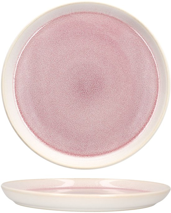 Een roze bord met een crèmekleurige rand, gespikkelde textuur en een creme rand. Vanaf boven en schuin van de zijkant.