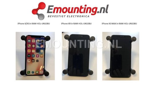 Drie iPhones (X/XS, XR, XS Max) in RAM-HOL-UN10BU houders.