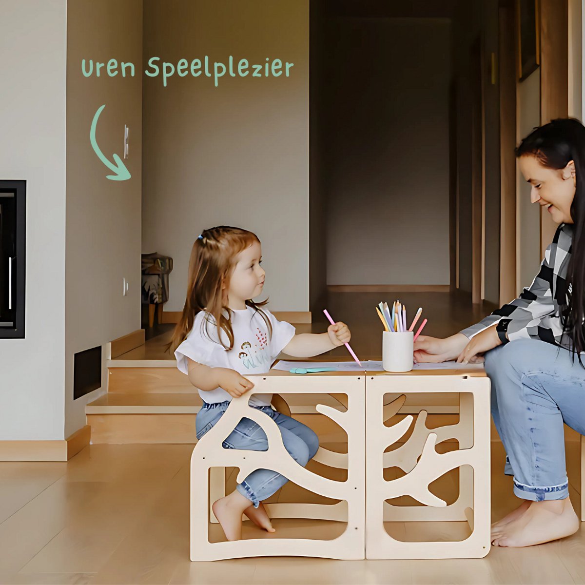 Zonovi Leertoren- Montessori Keukentrap - Learning Tower - Speeltafel - Kindertafel - Kinder trap - Leertoren - Keuken toren - Keukenhulp - Leerstoel - Met Glijbaan - Voor Peuters - Opvouwbaar - Inklapbaar - 3 in 1 - Hout - Inclusief Antislip Strips — afbeelding 6