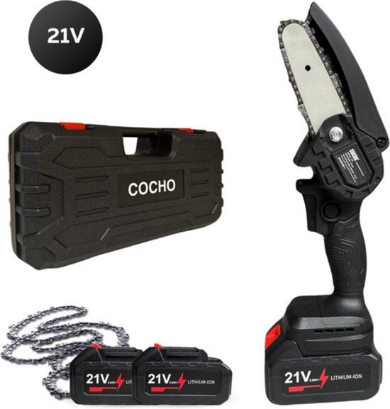 COCHO® Mini kettingzaag 4 Inch - Snoeizaag - Kettingzaag - Kettingzaag Electrisch met 2 Accu en 2 Zaagketting - Inclusief Koffer Zwart van COCHO® — afbeelding 2