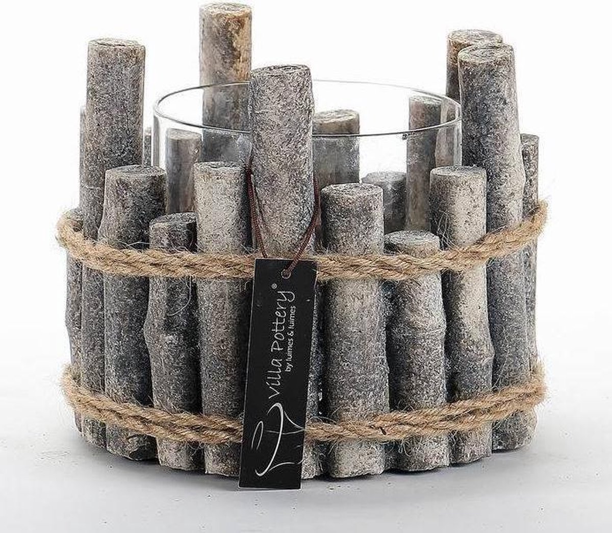 Grijze Pot Nepal 18x16 cm Beton Bamboe Oosterse stijl met Windlicht Glas