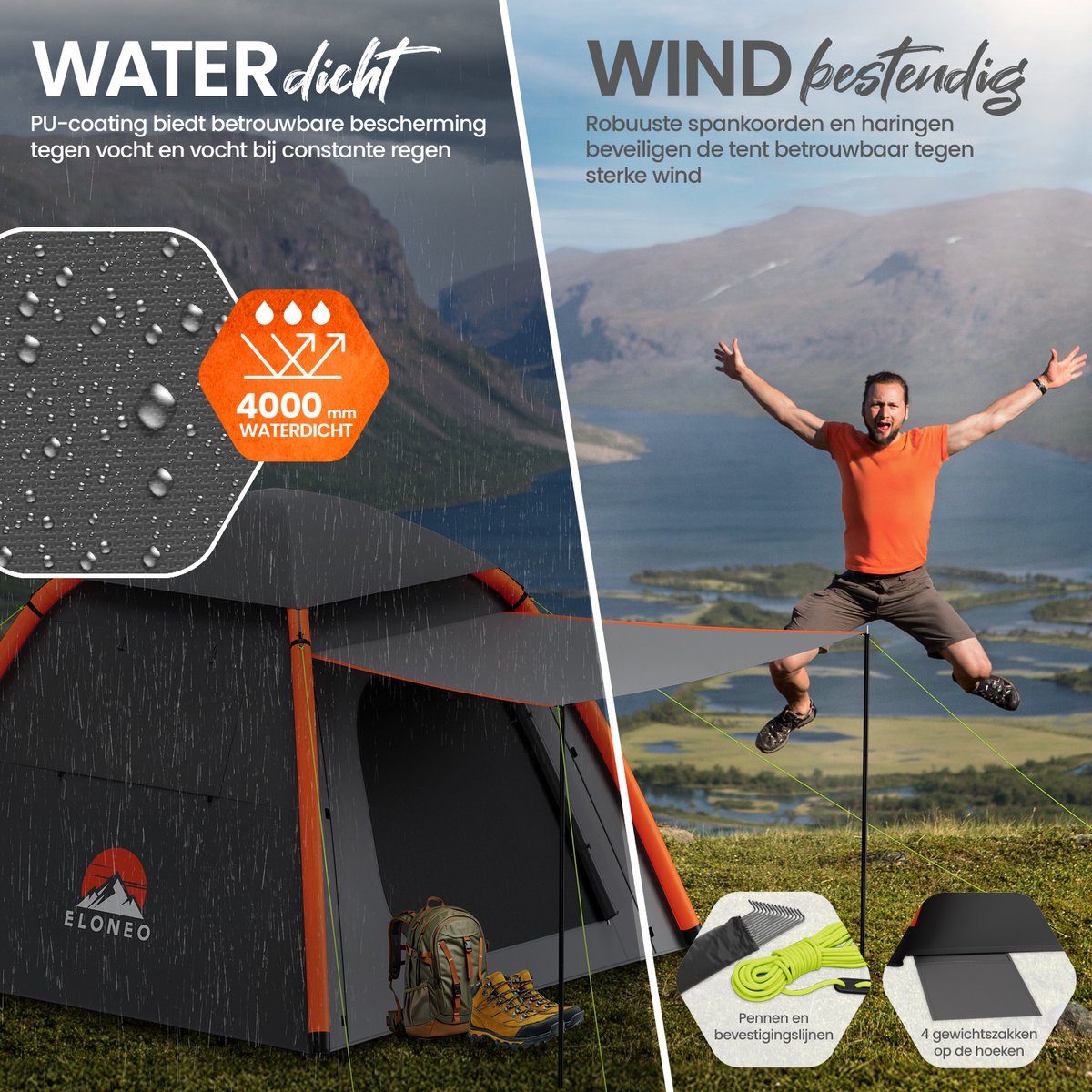 ELONEO Opblaasbare Camping Tent voor 2–4 Personen met Luifel, 250x250x190cm – foto 6