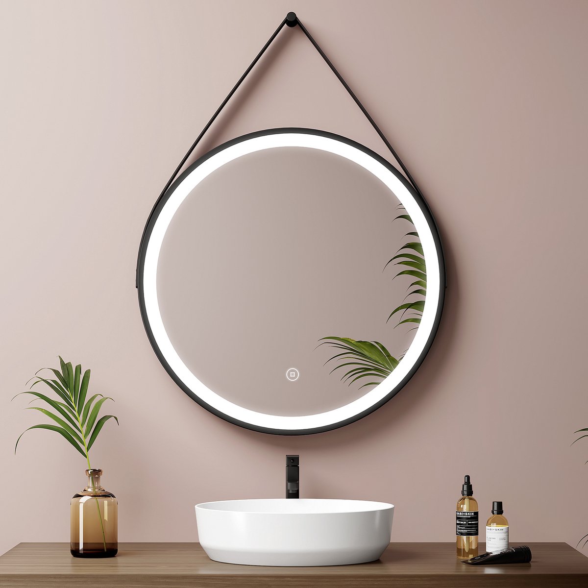 EMKE LED Wandspiegel met Ophangriem - OLM04 - Dimbaare Verlichting 6500K Koud Wit - 50CM - IP44 Hangspiegel voor Badkamer Slaapkamer & Hal