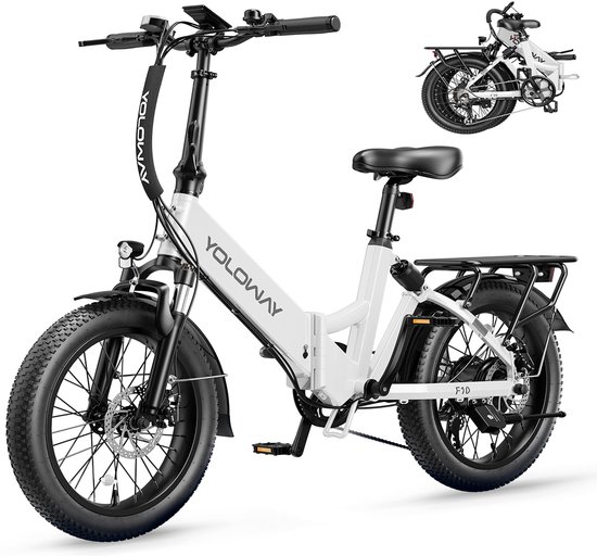 Elektrische Fiets yoloway F10 - Elektrische Vouwfiets - 450Wh/12,5Ah Accu - 80 km Bereik - 250W Motor - 20x3 Inch Fatbike Wielen - Shimano 7 Versnellingen - Hoogwaardige Mechanische Schijfremmen - LCD Display - Elektrische Stadsfiets- Wit