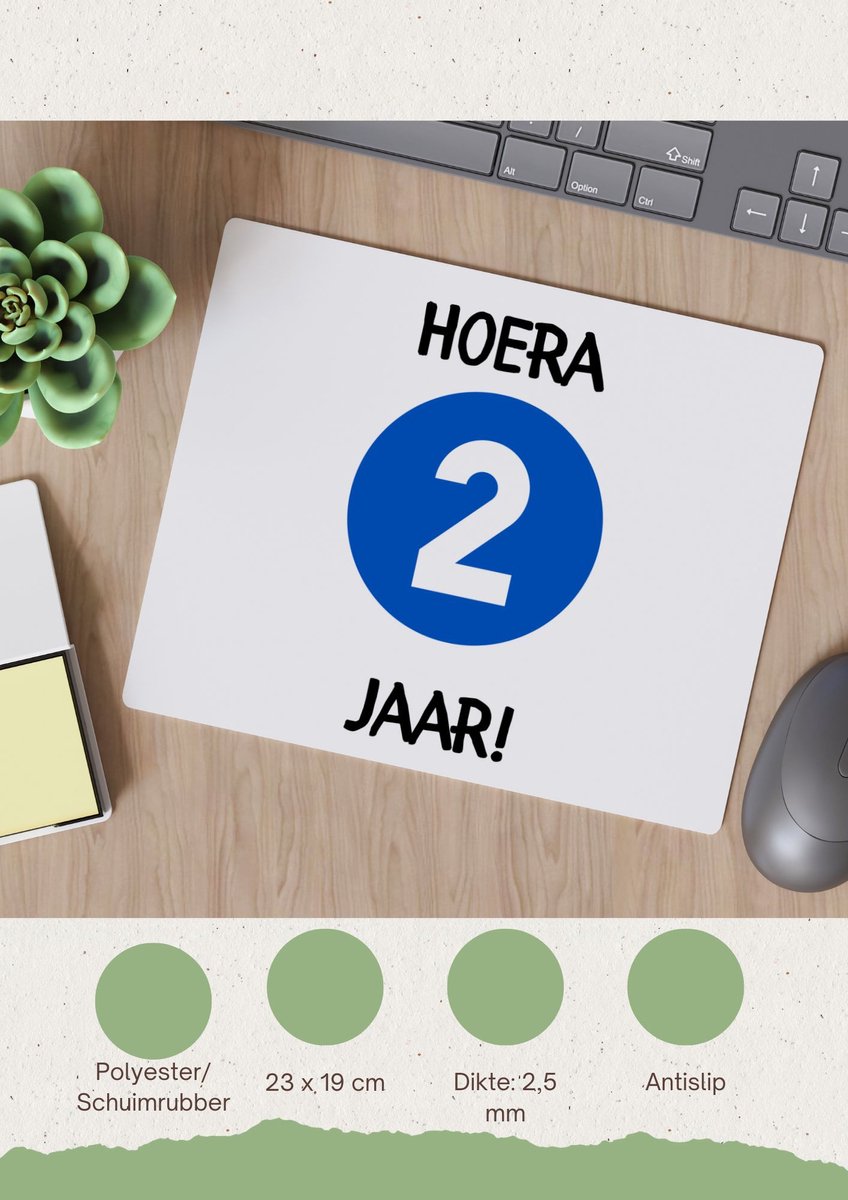 Image of Akyol - hoera 2 jaar Muismat - Verjaardag - jarigen - verjaardagscadeau - peuter - happy birthday - 23 bij 19 cm