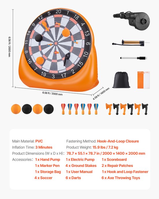 Opblaasbaar Voetbal Dartbord, Meer Dan 1,83 M Hoog, met 4 Kickballs, 6 Darts, 6 Bijlen en Luchtpomp , Perfect voor Grote Tuinspellen en Kick Darts — afbeelding 4
