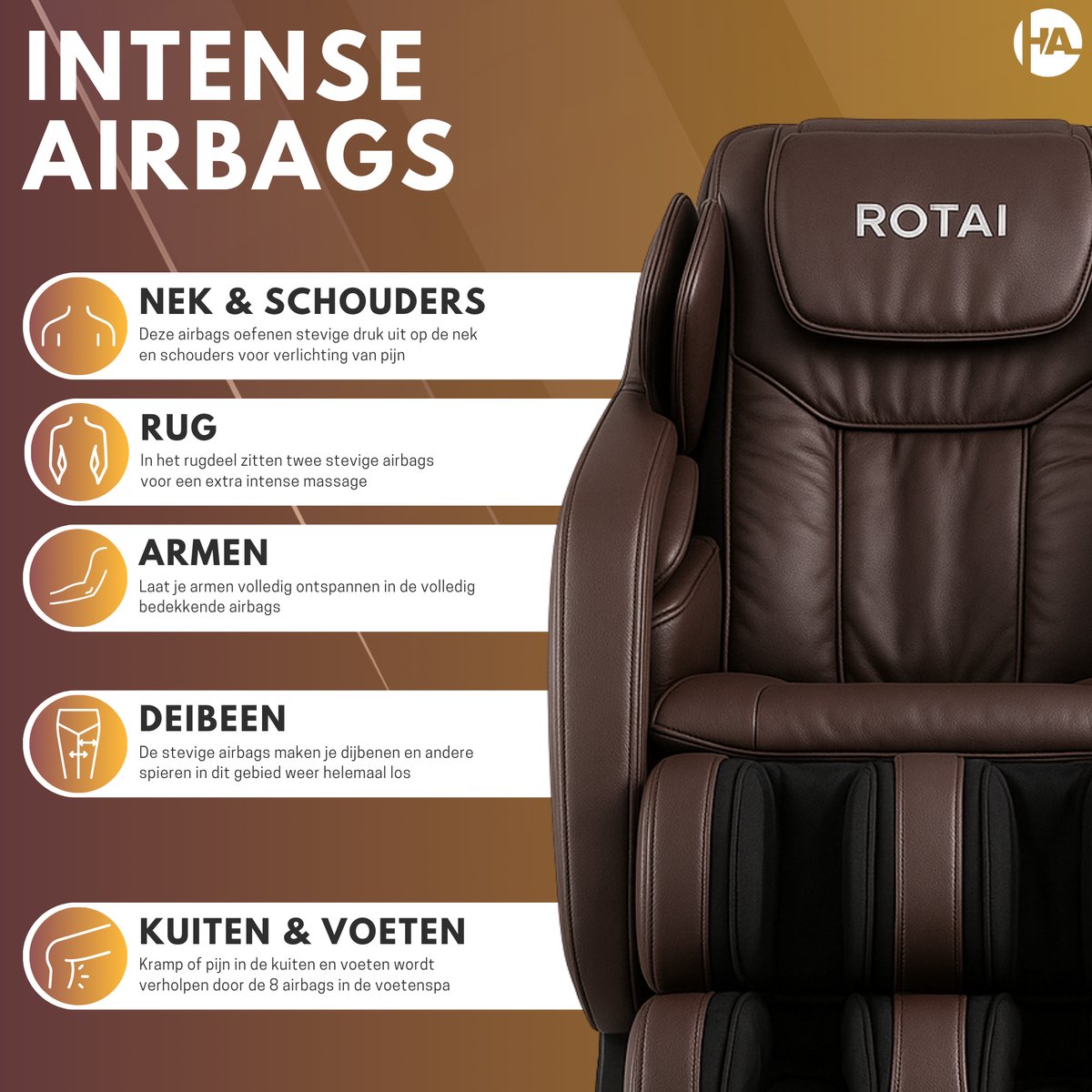 Afbeelding 3 van ROTAI Luxury Editie Massagestoel Bruin 84x170x118 cm