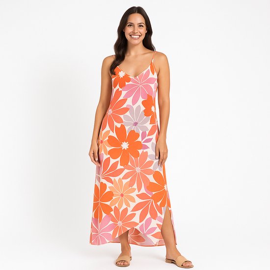 Robe longue d'été Angelle Milan – Tissu de voyage – Bracelets spaghetti – Bas à volants en V– Imprimé floral – S à XXL