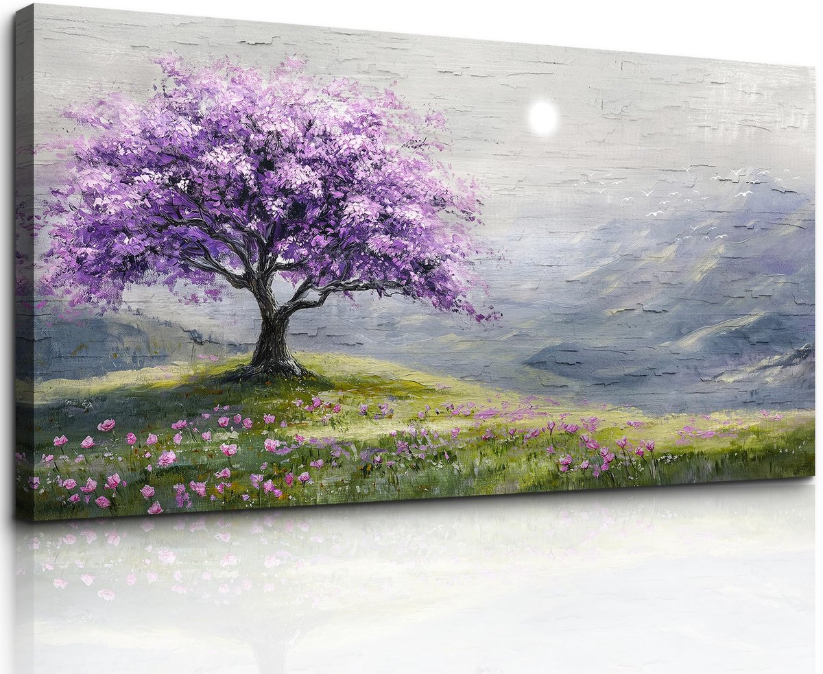 Unyqoos Moderne Levensboom Canvas Schilderij Voor Diverse Ruimtes 50 x 100 cm paars