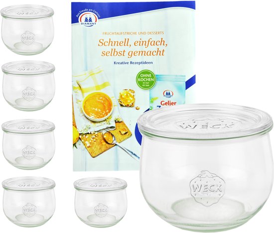 Set van 6 Weck potten 580ml tulpenpotten 1/2L met 6 glazen deksels incl. Gelierzauber receptenboekje van Diamantzucker