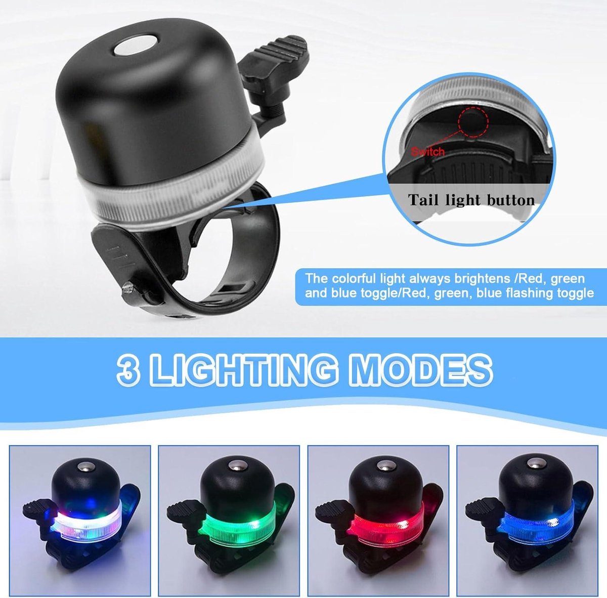 Sonnette Vélo Avec LED RVB – 3 Modes Colorés, Son Clair 120 DB, Rechargeable USB-C – Pour Route, VTT, Enfant, Adulte